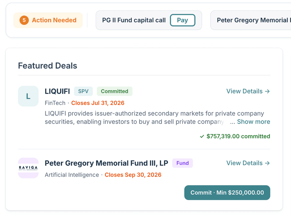 Investor dashboard featured deals with a commit action