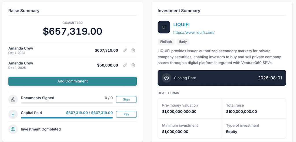 Raise summary with commitments, eSignatures, and capital calls beside deal terms